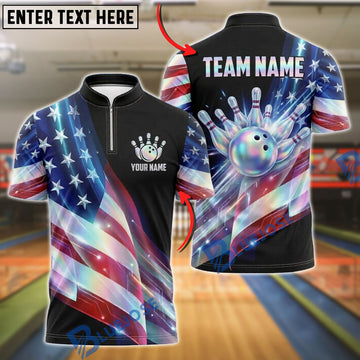 BlueJose Bowling Ball & Pins American Flag Gradient Flow Customized Name, Team Name 3D Shirt