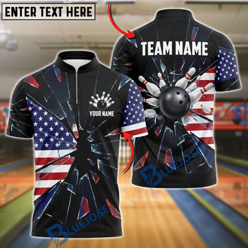 BlueJose Bowling Ball & Pins USA Flag Glass Breaking Customized Name, Team Name 3D Shirt