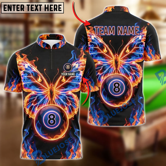 BlueJose Billiards 8 Ball Flaming Butterfly Wings Personalized Name Shirt (4 Colors)