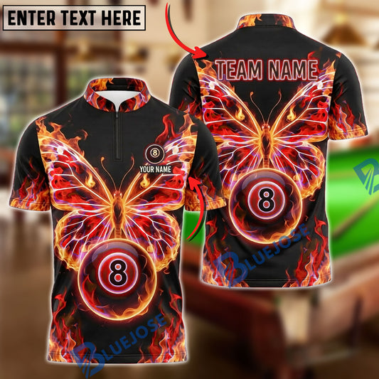 BlueJose Billiards 8 Ball Flaming Butterfly Wings Personalized Name Shirt (4 Colors)
