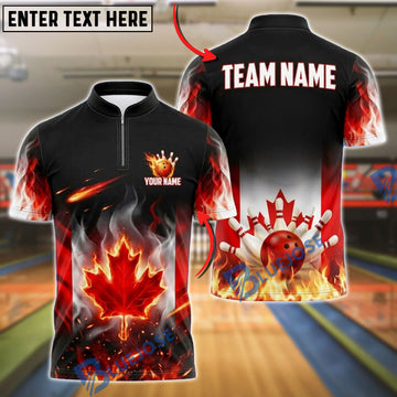 BlueJose Bowling Ball & Pins Burning Canadian Flag Lane Customized Name, Team Name 3D Shirt
