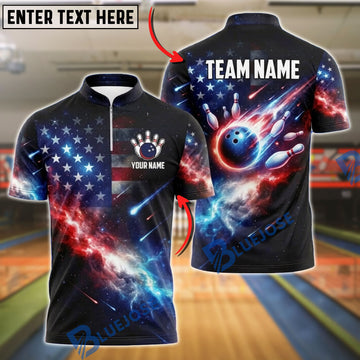 BlueJose Bowling Ball & Pins USA Flag American Patriotic Flame Meteor Artwork Customized Name, Team Name 3D Shirt