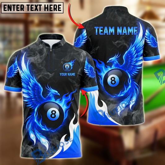 BlueJose Billiards 8 Ball Majestic Phoenix Feather Wings Pool Personalized Name Shirt (4 Colors)