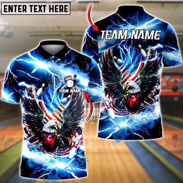 BlueJose Bowling USA Flag Eagle Blue Lightning Personalized Name, Team Name 3D Shirt