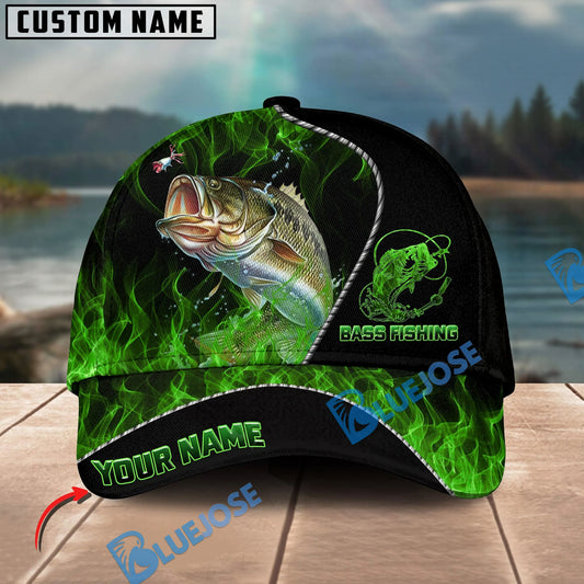 BlueJose Fishing Angler Green Flame Personalized Name Classic 3D Cap Personalized Cap (13 Breeds)