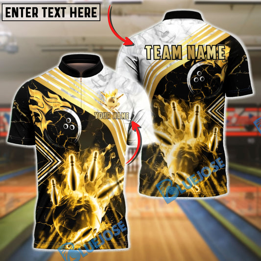 BlueJose Bowling & Pins Gold Marble Smoke Luxury Customized Name, Team Name 3D Shirt (6 Colors)