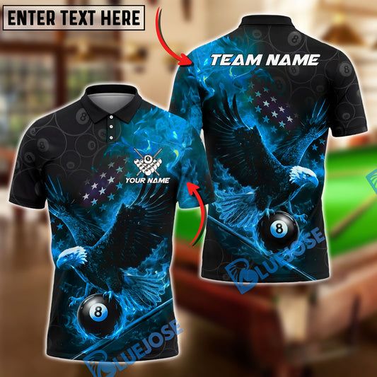 BlueJose Billiards 8 Ball Flaming Eagle American Flag Fire Pool Graphic Personalized Name Shirt (4 Colors)