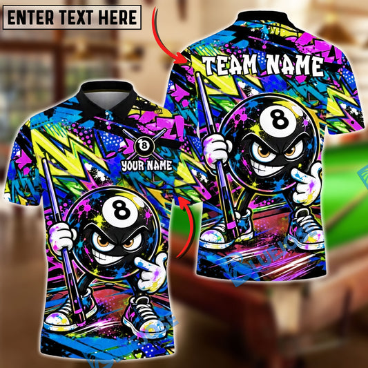 BlueJose Billiards 8 Ball Graffiti Cartoon Character Smug Smile Personalized Name Shirt (4 Colors)