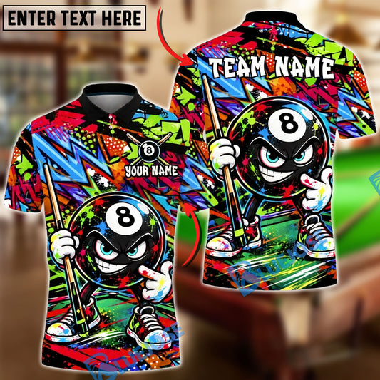 BlueJose Billiards 8 Ball Graffiti Cartoon Character Smug Smile Personalized Name Shirt (4 Colors)