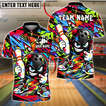 BlueJose Bowling And Pins Graffiti Cartoon Character Smug Smile Customized Name, Team Name 3D Shirt (4 Colors)