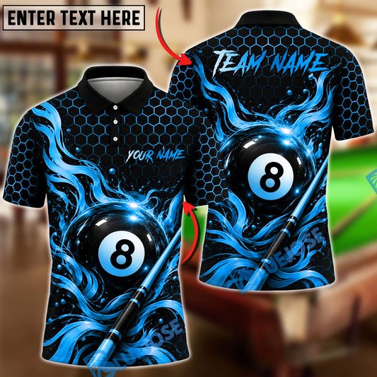 BlueJose Billiards 8 Ball Flame Honeycomb Cue Graphic Personalized Name, Team Name Unisex Shirt (6 Colors)