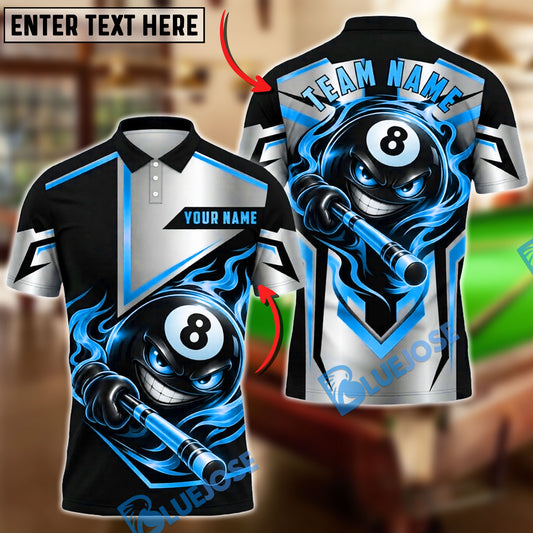 BlueJose Billiards 8 Ball Flame Mascot Geometric Sport Graphic Personalized Name, Team Name Unisex Shirt (6 Colors)