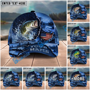 BlueJose Fishing Fishing Midnight Bass Hunter Hooked on Nature Personalized Name Classic 3D Cap Personalized Cap (13 Breeds)