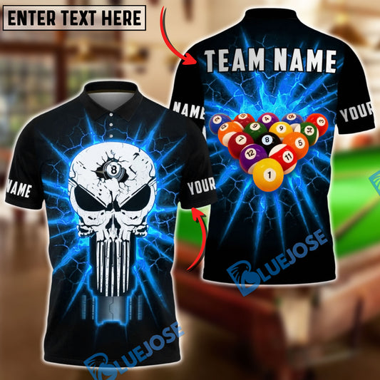 BlueJose Billiards 8 Ball Flaming Punisher Skull Break Shot Personalized Name Shirt (4 Colors)