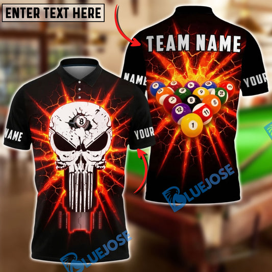 BlueJose Billiards 8 Ball Flaming Punisher Skull Break Shot Personalized Name Shirt (4 Colors)