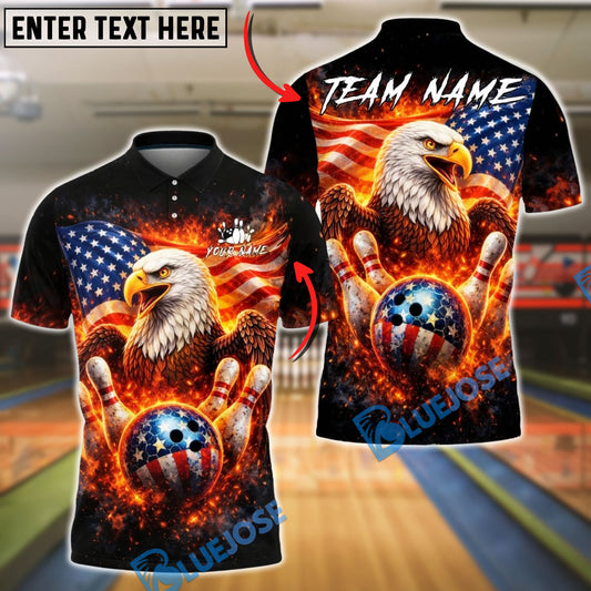 BlueJose Bowling American Eagle Fire Patriotic Flag Strike Personalized Name, Team Name 3D Shirt