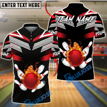 BlueJose Bowling & Pins Fire Ball Strike Black Customized Name, Team Name 3D Shirt (4 Colors)