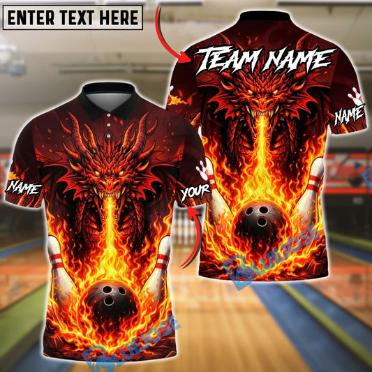 BlueJose Bowling & Pins Dragon Fire Breath Flaming Ball Graphic Customized Name, Team Name 3D Shirt (4 Colors)