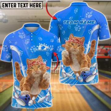 BlueJose Bowling Cat Cute Bandana Kitten Customized Name, Team Name 3D Shirt (4 Colors)