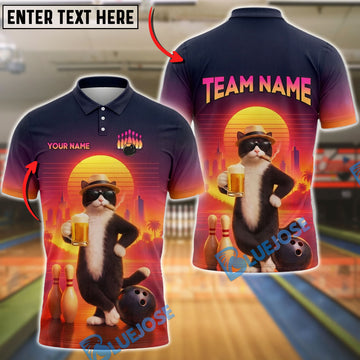 BlueJose Bowling Retro Cool Beer Cat Customized Name, Team Name 3D Shirt