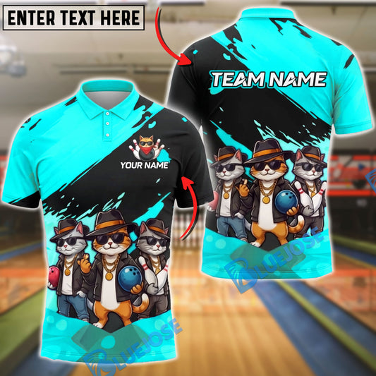 BlueJose Bowling Gangster Cat Crew Customized Name, Team Name 3D Shirt (4 Colors)