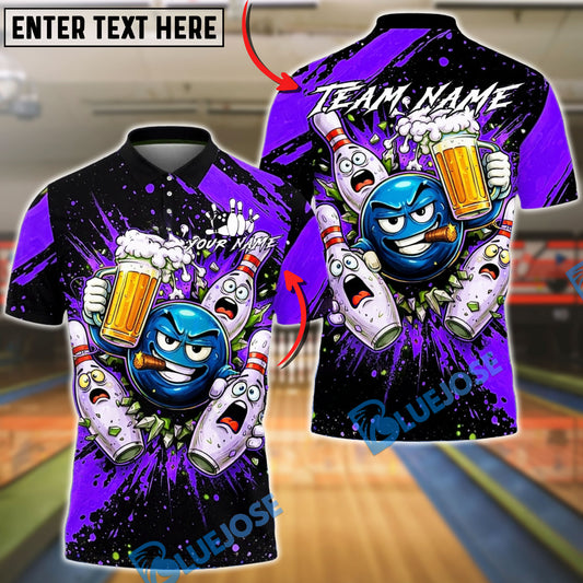 BlueJose Bowling & Pins Beer Party Funny Cartoon Customized Name, Team Name 3D Shirt (6 Colors)