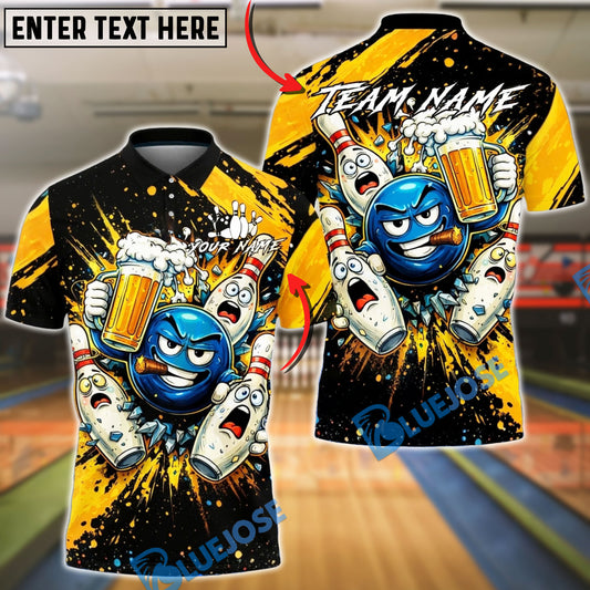 BlueJose Bowling & Pins Beer Party Funny Cartoon Customized Name, Team Name 3D Shirt (6 Colors)