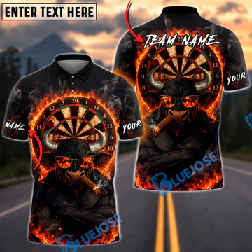 BlueJose Darts Fire Smoking Bull Dartboard Graphic Personalized Name, Team Name Unisex Shirt (4 Colors)