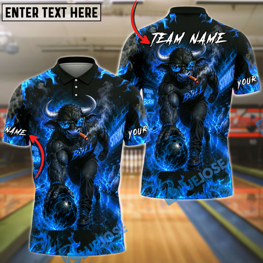 BlueJose Bowling Fire Smoking Bull Bowler Art Graphic Customized Name, Team Name 3D Shirt (4 Colors)