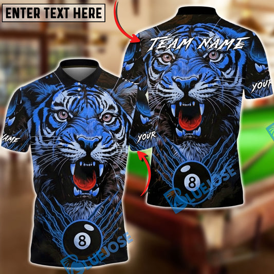 BlueJose Billiards 8 Ball Tiger Fierce Design Personalized Name, Team Name Unisex Shirt (4 Colors)
