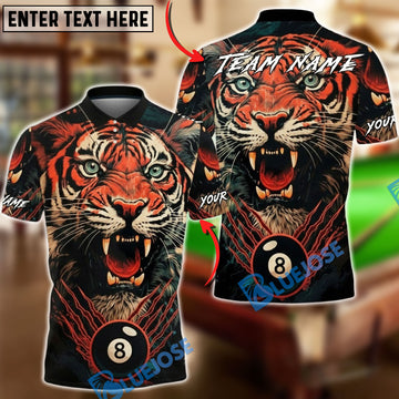 BlueJose Billiards 8 Ball Tiger Fierce Design Personalized Name, Team Name Unisex Shirt (4 Colors)