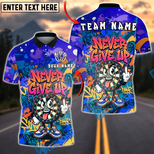 BlueJose Darts Never Give Up Dartboard Cartoon Graffiti Multicolor Options Personalized Name Shirt (4 Colors)