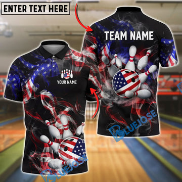 BlueJose Bowling Dark Patriotic Smoke Strike Customized Name, Team Name 3D Shirt