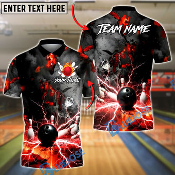 BlueJose Bowling And Pins Volcano Lava Explosion Lightning Customized Name, Team Name 3D Shirt (4 Colors)