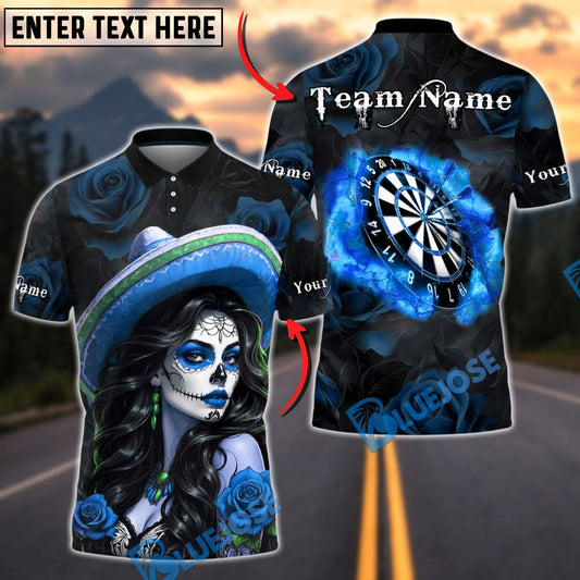 BlueJose Darts Dartboard Day of the Dead Girl Roses Skull Art Personalized Name, Team Name Unisex Shirt (6 Colors)