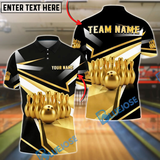 BlueJose Bowling And Pins Gold Metallic 3D Design Customized Name, Team Name 3D Shirt (6 Colors)