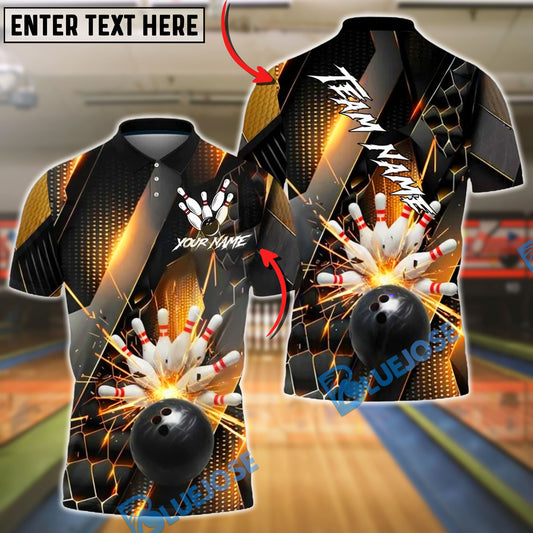 BlueJose Bowling And Pin Gold Metallic Luxury Pattern Customized Name, Team Name 3D Shirt (6 Colors)