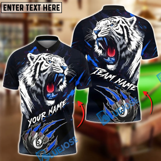 BlueJose Billiards 8-Ball White Tiger Claw Slash Design Customized Name, Team Name 3D Shirt (4 Colors)
