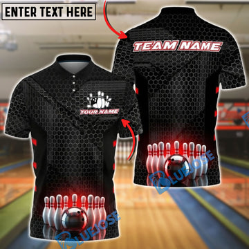 BlueJose Bowling Black Hexagon Tech Pattern Customized Name, Team Name 3D Shirt (4 Colors)