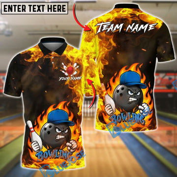 BlueJose Bowling And Pins Flame Ball Cartoon Fire Style Customized Name, Team Name 3D Shirt (4 Colors)