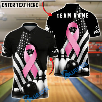 BlueJose Bowling Pink Ribbon American Flag  Breast Cancer Personalized Name, Team Name 3D Shirt