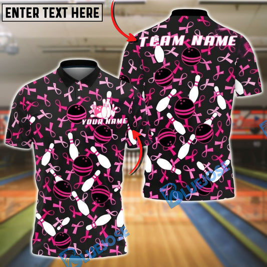 BlueJose Bowling Pink Ribbon Breast Cancer Awareness Pattern Personalized Name, Team Name 3D Shirt