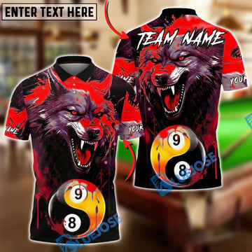 BlueJose Billiards 9-Ball 8 Ball Yin Yang Blood Wolf Design Personalized Name, Team Name Unisex Shirt (4 Colors)