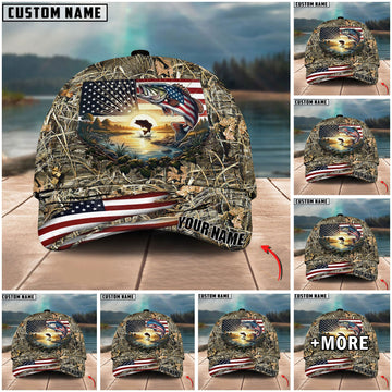 BlueJose Fishing American Flag Sunrise Farm Scene Camo Custom Name 3D Cap (12 Breeds)