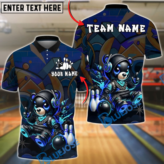 BlueJose Bowling And Pins Neon Cyber Bear Graffiti Style Customized Name, Team Name 3D Shirt (4 Colors)
