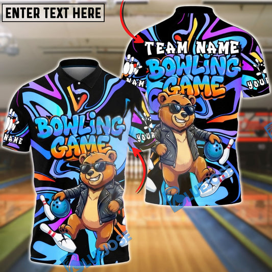 BlueJose Bowling And Pins Cool Bear Cartoon Graffiti Style Customized Name, Team Name 3D Shirt (4 Colors)
