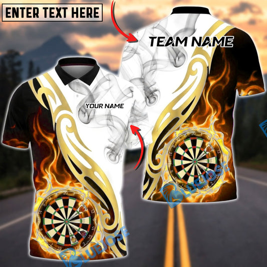 BlueJose Darts White Fire Smoke Golden Dartboard Multicolor Options Personalized Name Shirt (4 Colors)
