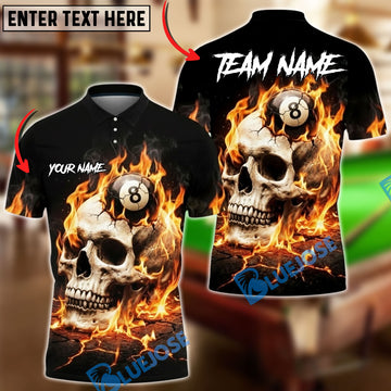 BlueJose Billiards Flaming Skull 8 Ball Design Personalized Name, Team Name Unisex Shirt (4 Colors)