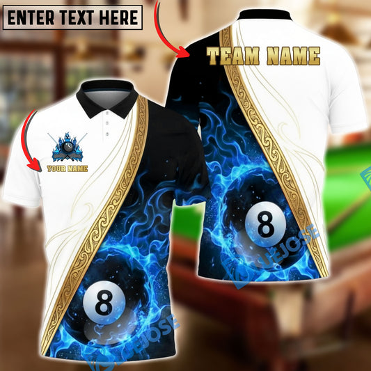BlueJose Billiards 8 Ball White Black Fire Elegant Personalized Name, Team Name Unisex Shirt (4 Colors)