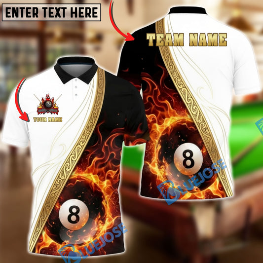 BlueJose Billiards 8 Ball White Black Fire Elegant Personalized Name, Team Name Unisex Shirt (4 Colors)